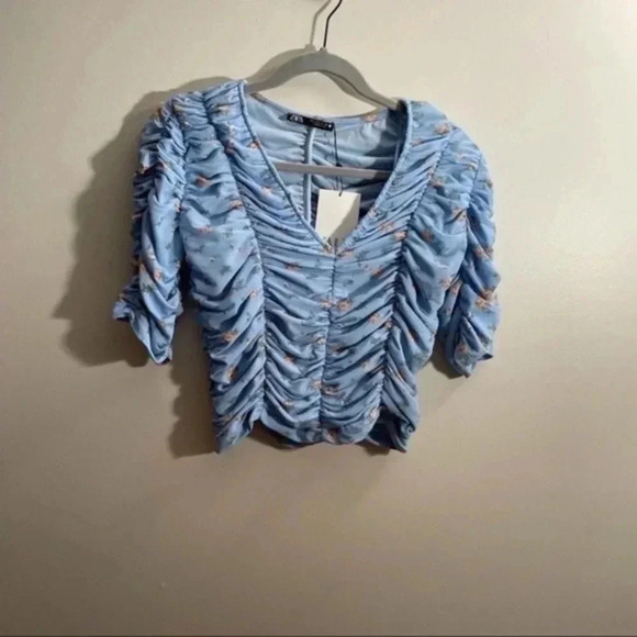 Zara Blue Tulle Flower Print V Neck Blouse 0003/416 - Picture 3 of 6